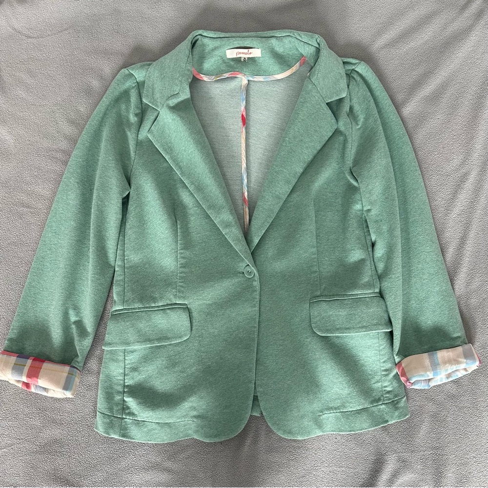 Mint Green Cotton Blazer Jacket With Plaid Rolled Cuffs Size XL